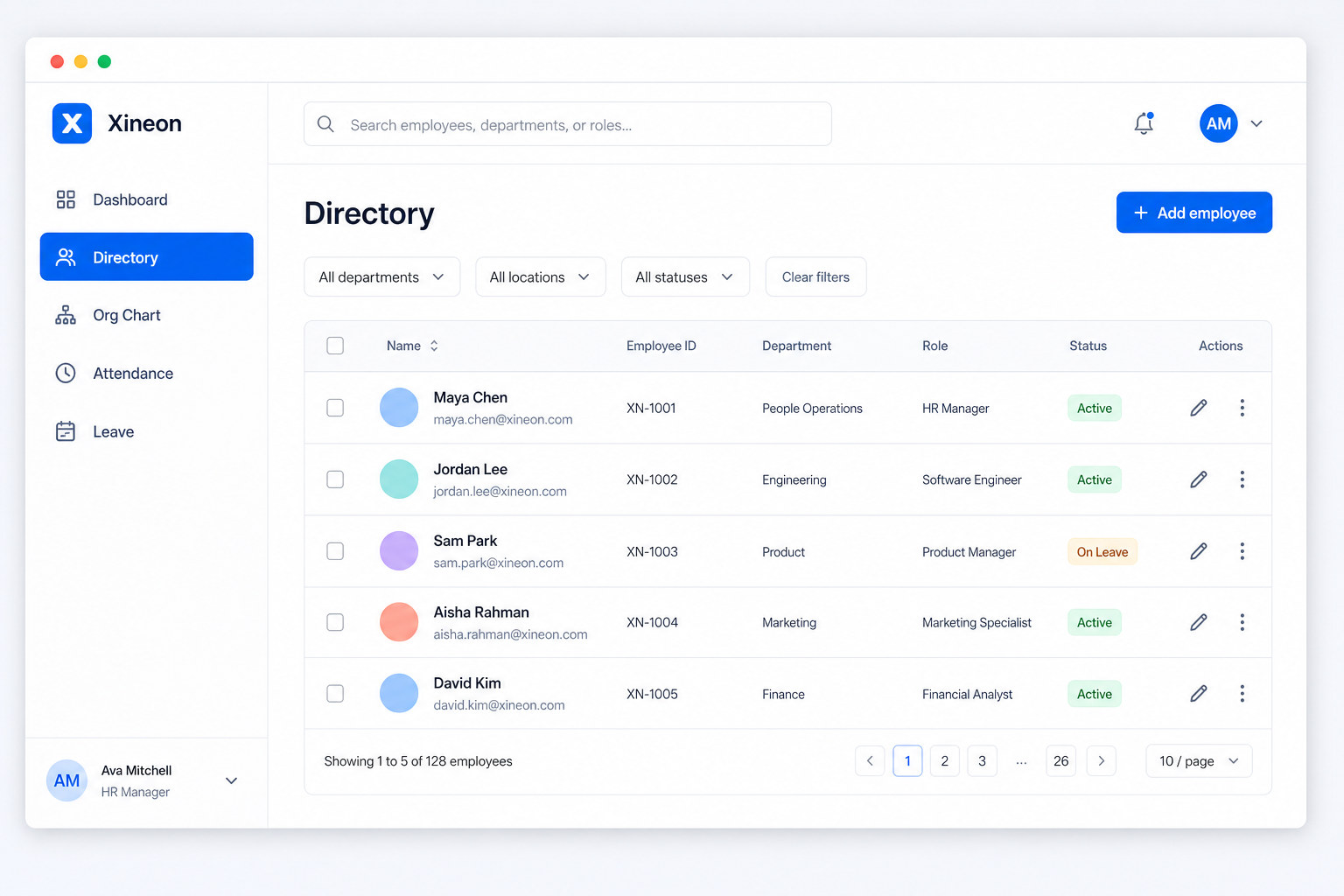 Xineon HRIS directory — employee list with filters, status, and org navigation