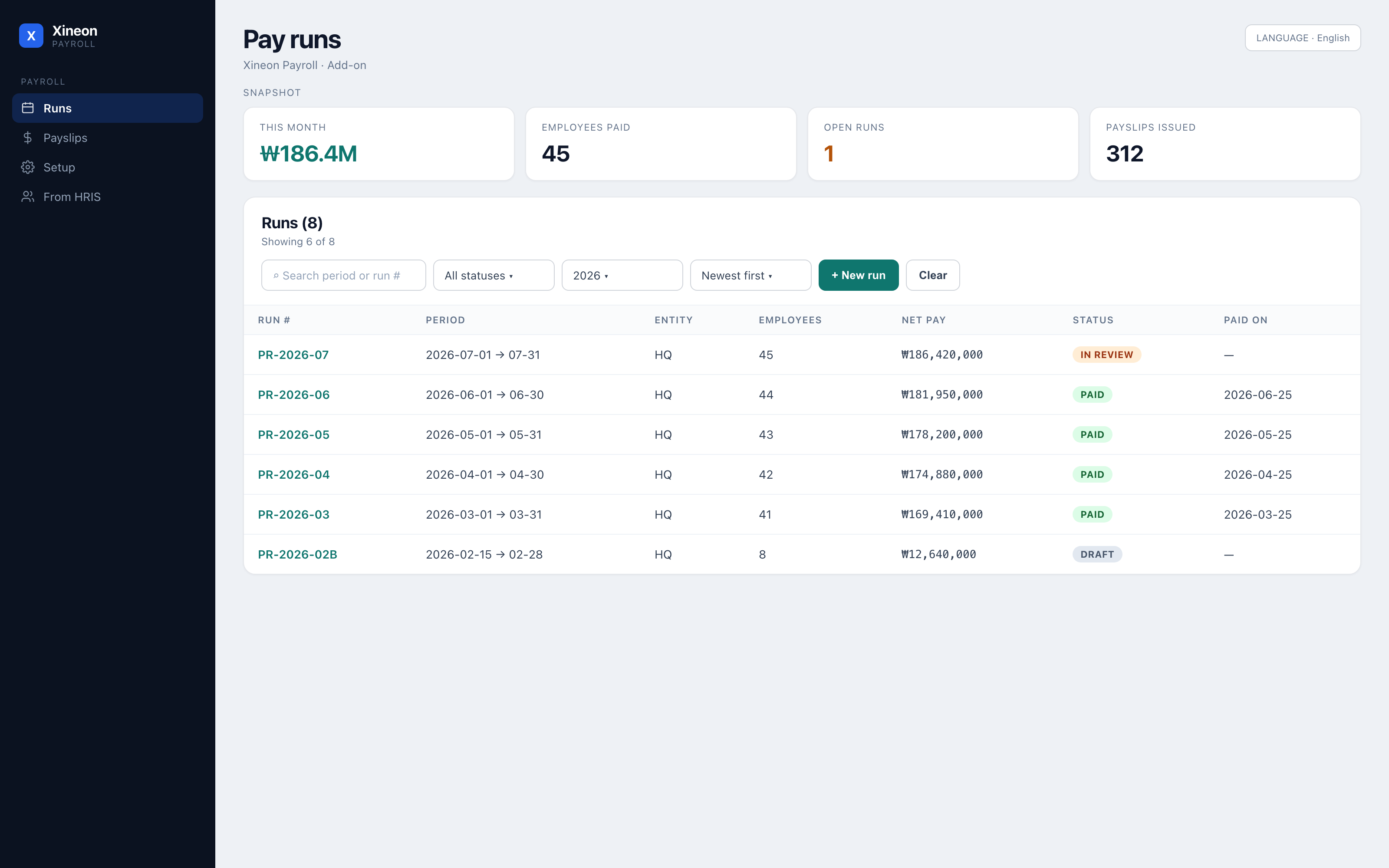Xineon Payroll — pay runs list with snapshot metrics and run statuses